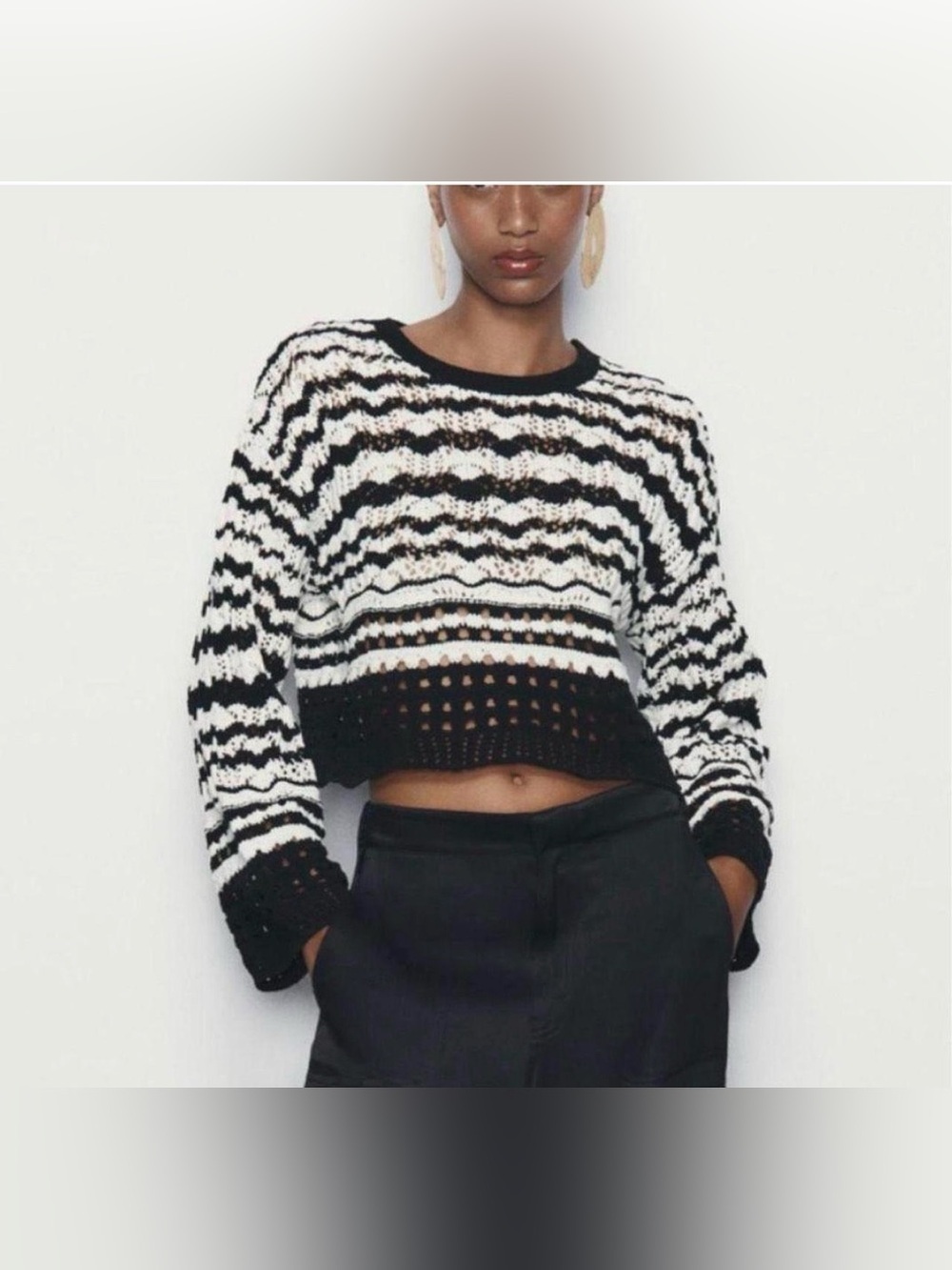 Zara Black White Cropped Open Knit Sweater Size S